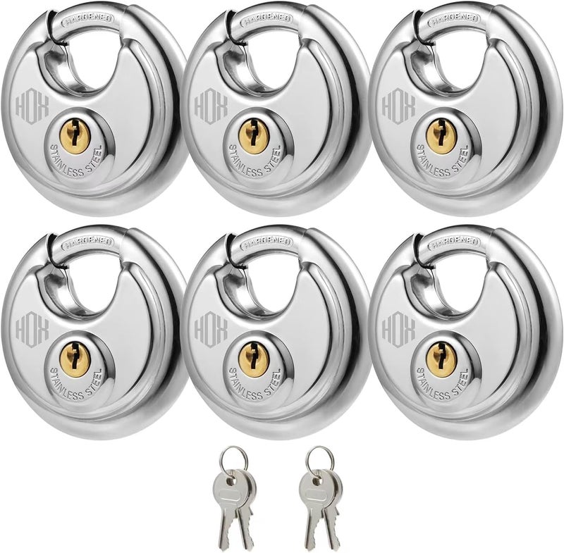 HOX Keyed Disc Padlock, Stainless Steel Keyed-Alike Padlocks, 6-Pack Heavy Duty Locks, Waterproof Outdoors Lock with 3/8 Inch Shackle, 2-3/4 Inch Wide Body, for Hasp Latch, Fences, Storage Locker - Image 1